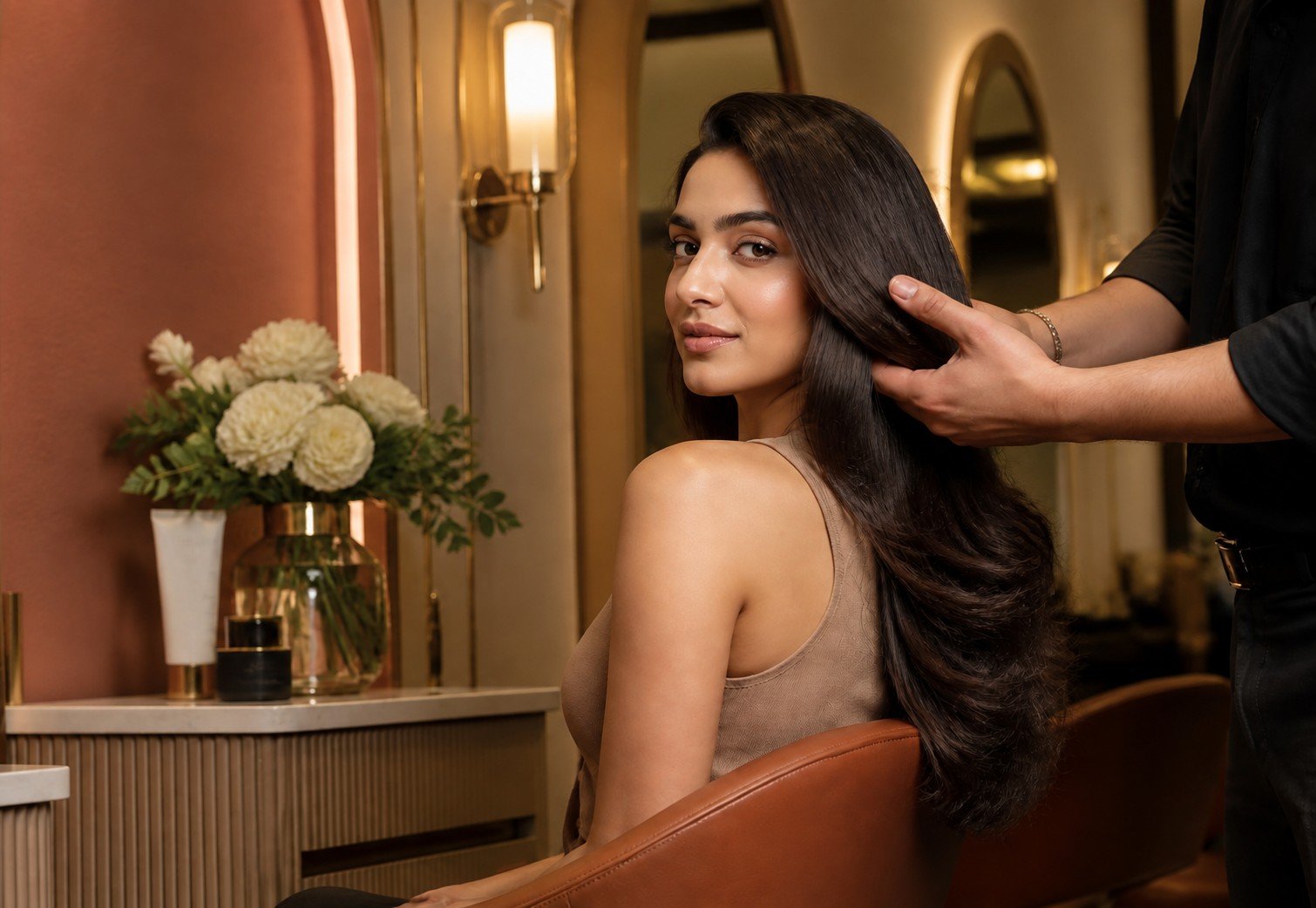 Stylist finishing a glossy blow-dry at Orange Unisex Beauty Salon in Hubballi